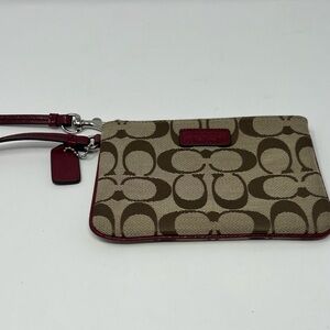 Coach Womens Wristlet  Brown Monogram Zipper Wallet Deep Red Trim